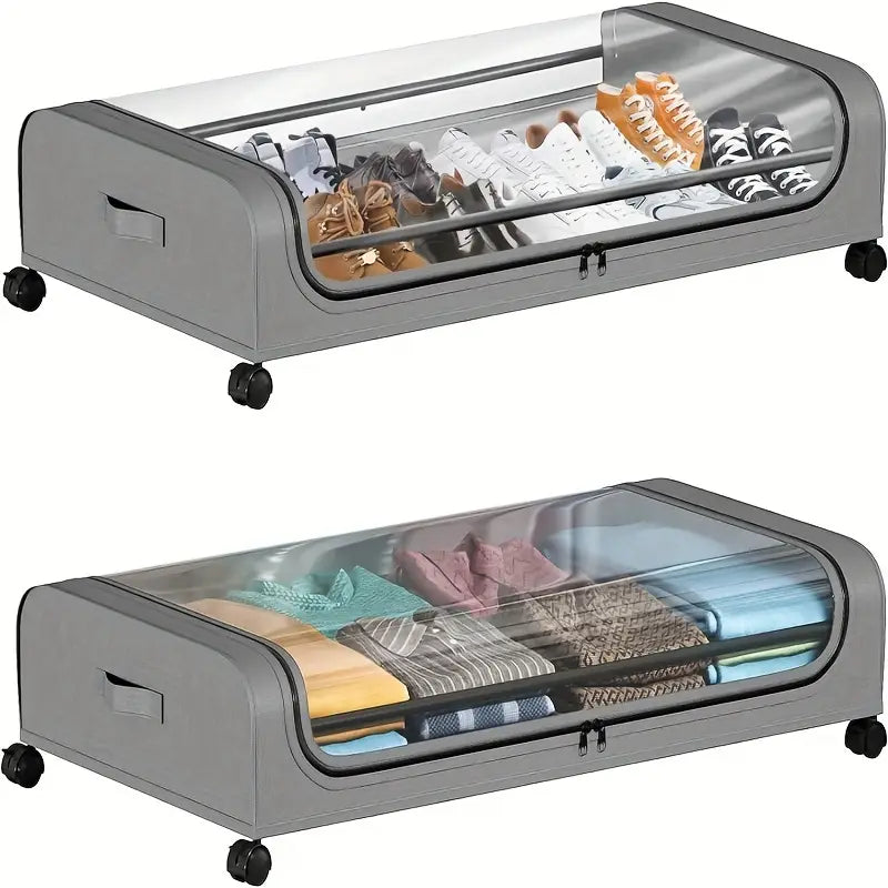 2PCS Metal Under Bed Storage Organizer with Wheels & Lid – Rolling Underbed Storage Bins for Clothes, Bedding, Shoes, Toys, Blankets, Books & Home Organization