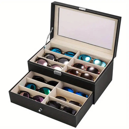 12-Piece Lockable Eyeglass & Sunglass Organizer Case – Premium Leather Display Box with Glass Drawers, Soft Fabric Lining, Gift-Ready Design for Home & Office Storage