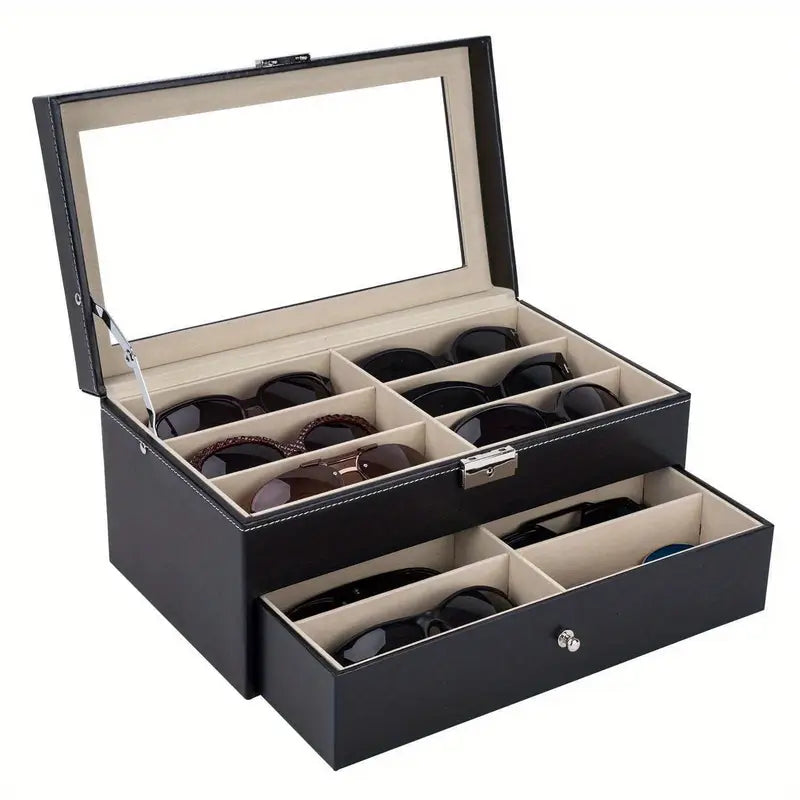 12-Piece Lockable Eyeglass & Sunglass Organizer Case – Premium Leather Display Box with Glass Drawers, Soft Fabric Lining, Gift-Ready Design for Home & Office Storage