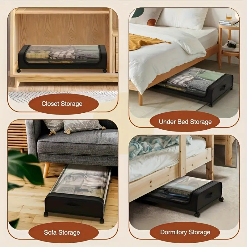 2PCS Metal Under Bed Storage Organizer with Wheels & Lid – Rolling Underbed Storage Bins for Clothes, Bedding, Shoes, Toys, Blankets, Books & Home Organization