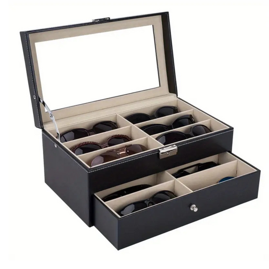 12-Piece Lockable Eyeglass & Sunglass Organizer Case – Premium Leather Display Box with Glass Drawers, Soft Fabric Lining, Gift-Ready Design for Home & Office Storage